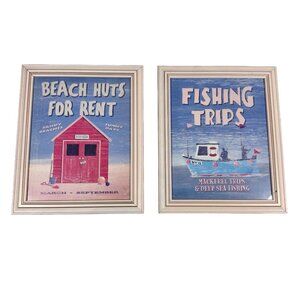 Martin Wiscombe Print Framed Set 2 Boat Coastal Beach Wall Art  Blue Whimsical